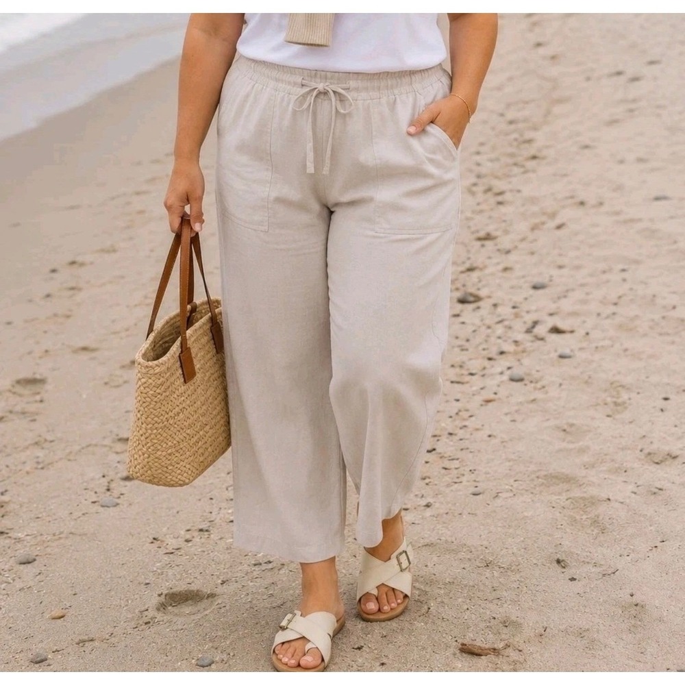 Sonoma Goods For Life Womens 2X High Rise Wide Leg Linen Blend Pants Beige NWT